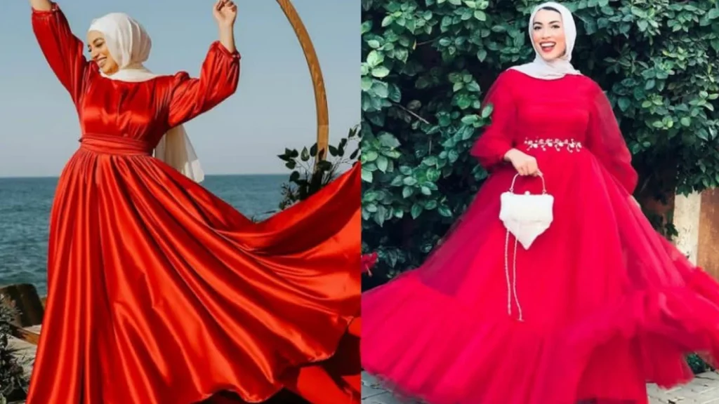 فساتين سواريه بسيطة وشيك للمحجبات لعام 2023 7 فستان أحمر سواريه للمحجبات