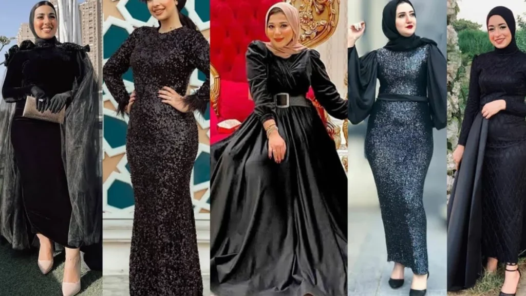 فساتين سواريه بسيطة وشيك للمحجبات لعام 2023 6 فستان سواريه أسود للمحجبات